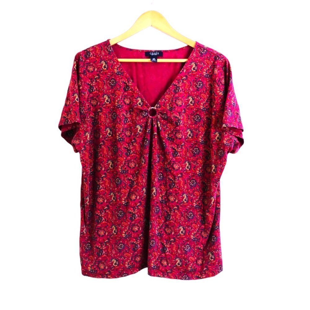 Chaps 100% Cotton V Neck Metal Ring Front Ruched Paisley Floral Top Size 3X